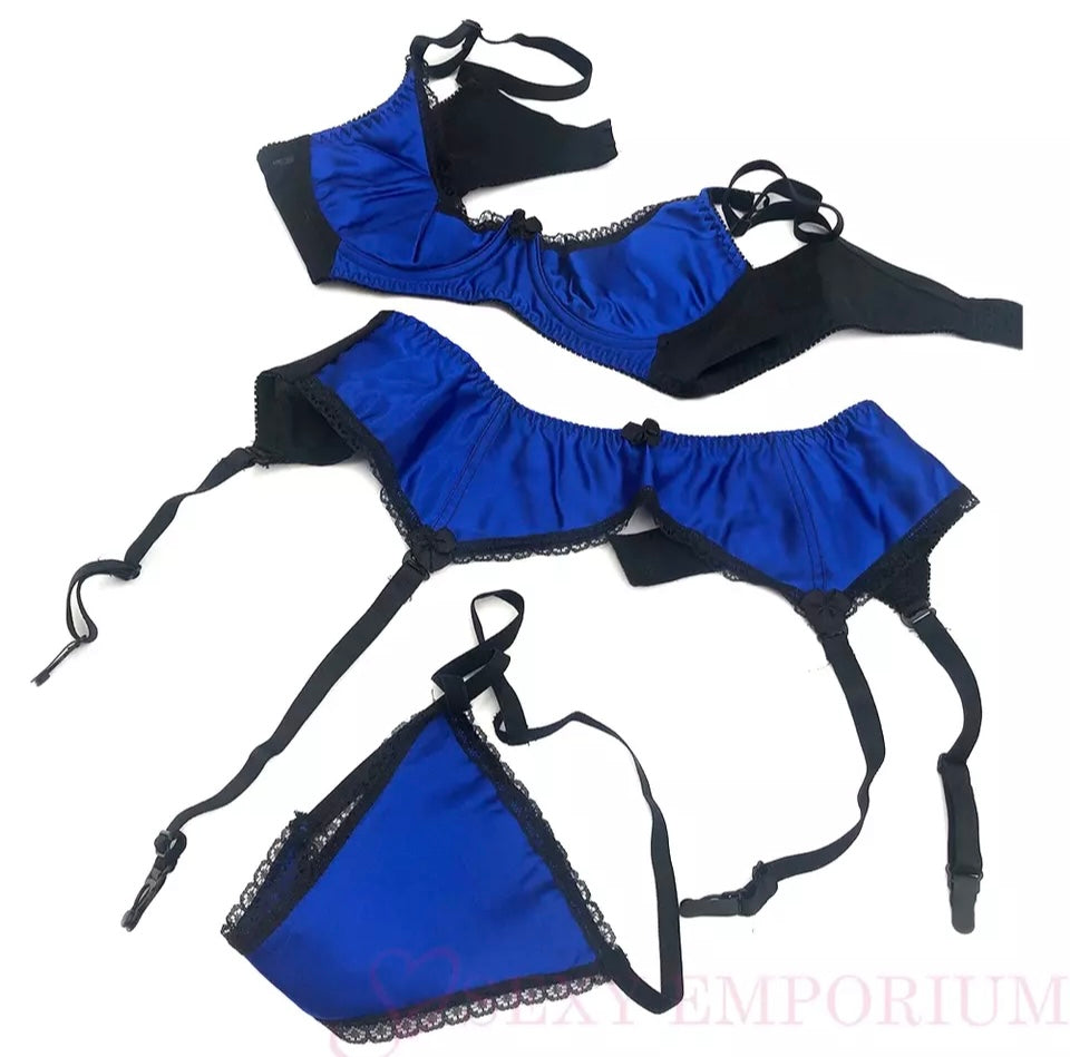 Sexy Blue Womens Quarter Cup Lingerie Lace Satin Bra Ladies Thong Underwear Set size 36B